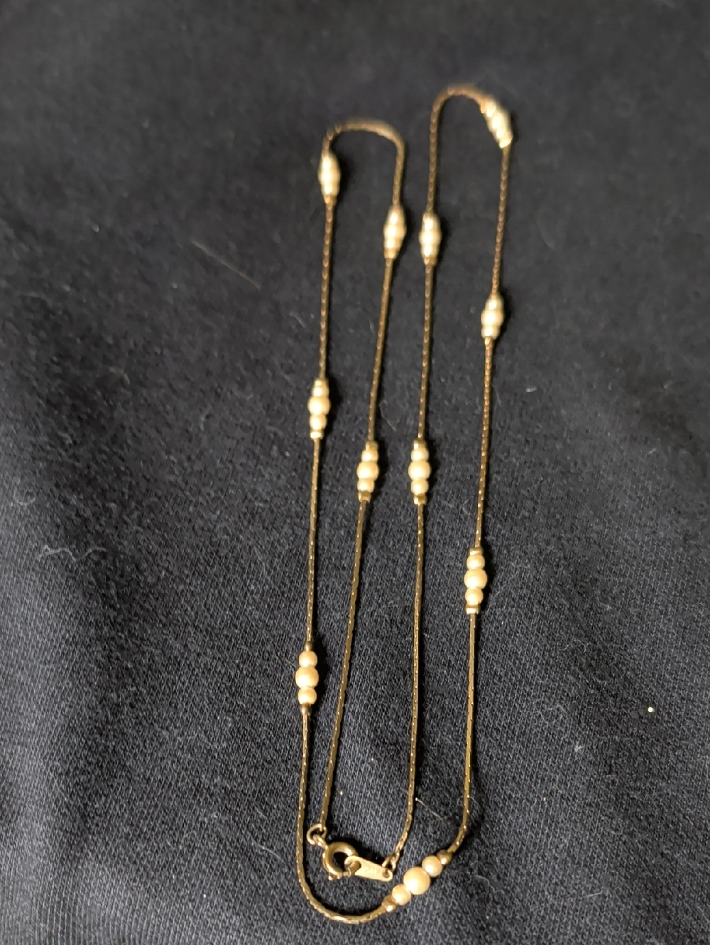 Retro Gold Tone Station Necklace with Spaced Pearlescent Bead Accents